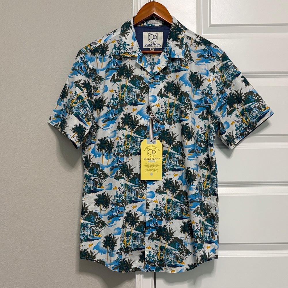 OP Ocean Pacific Men’s Short Sleeve Tropical Button-Up Shirt - White/Blue/Green